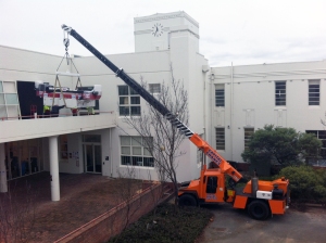 11.36 am, printer craned up to the first floor